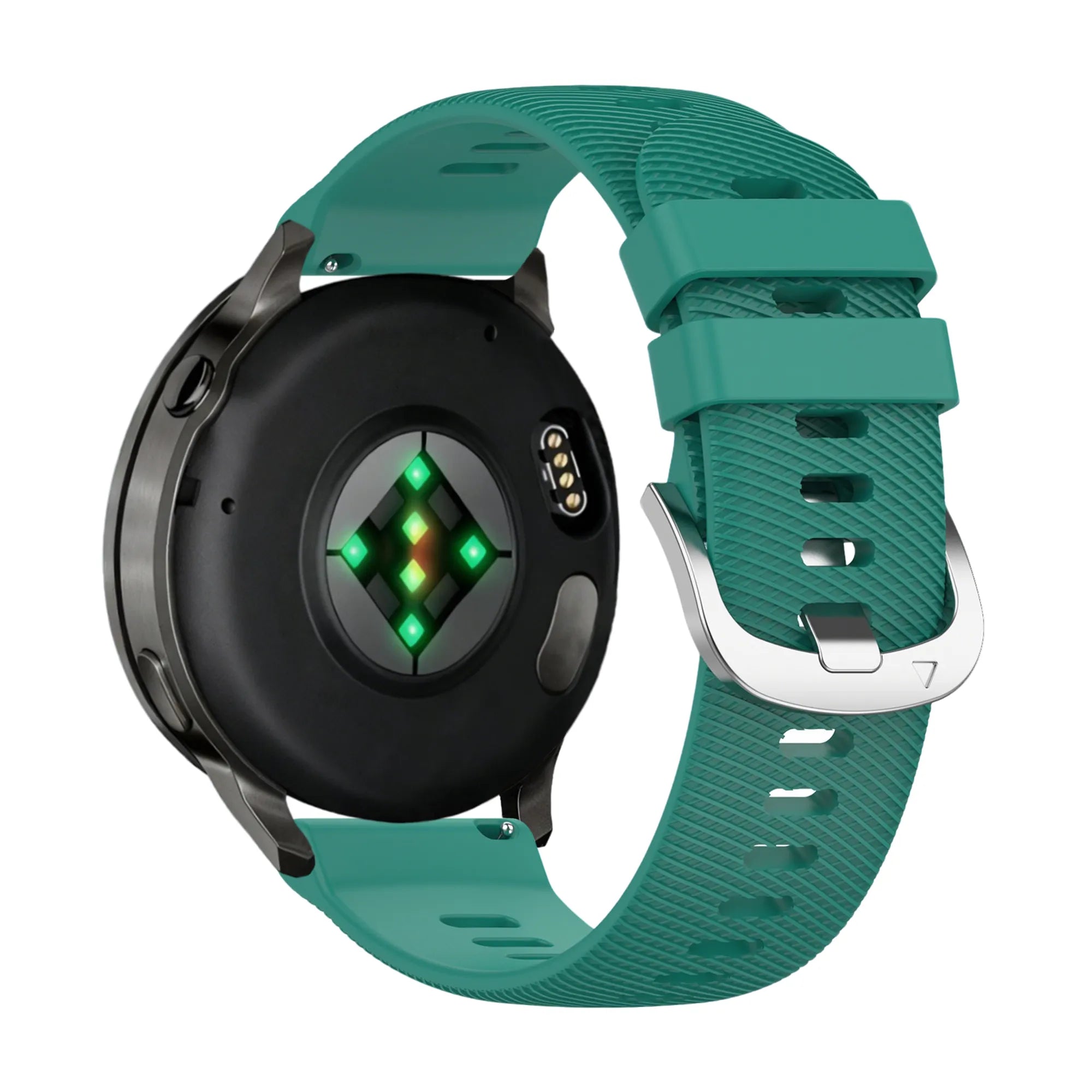 Silicone Strap 'Deluxe', viridian, on a watch, 3/4 rear view
