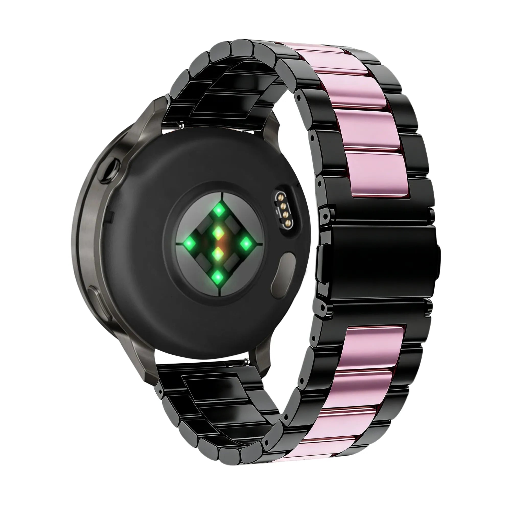 Steel Strap 'Classic', black/pink, on a watch, 3/4 rear view