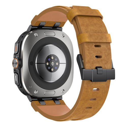Solid Leather Strap, brown, on a watch, 3/4 rear view
