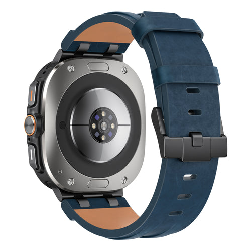 Solid Leather Strap, dark blue, on a watch, 3/4 rear view