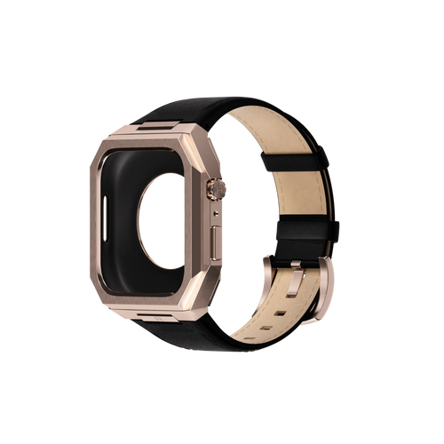 Reqior Funda de metal con correa de cuero Apple Watch 45mm (rosa dorado/negro)