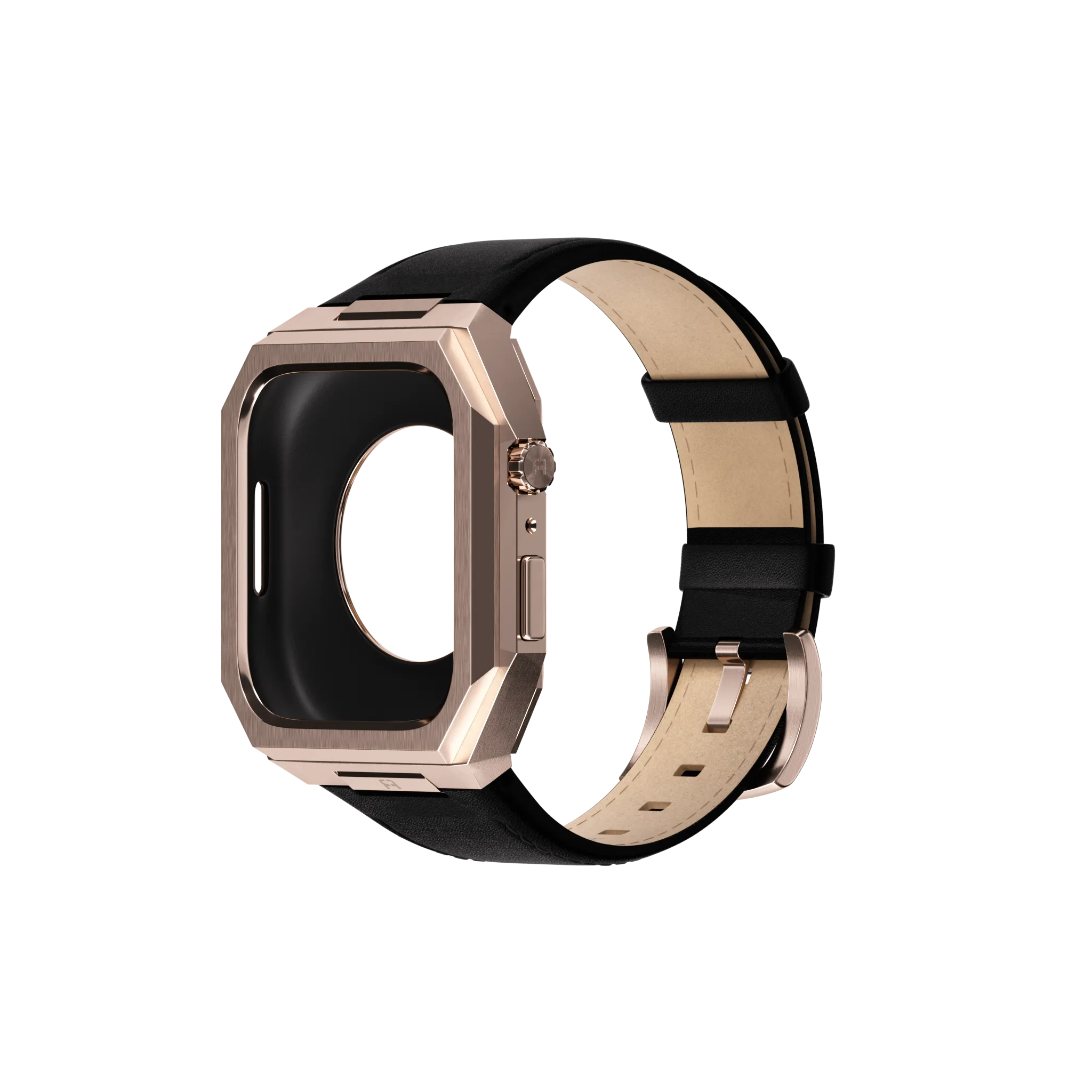 Reqior Funda de metal con correa de cuero Apple Watch 45mm (rosa dorado/negro)