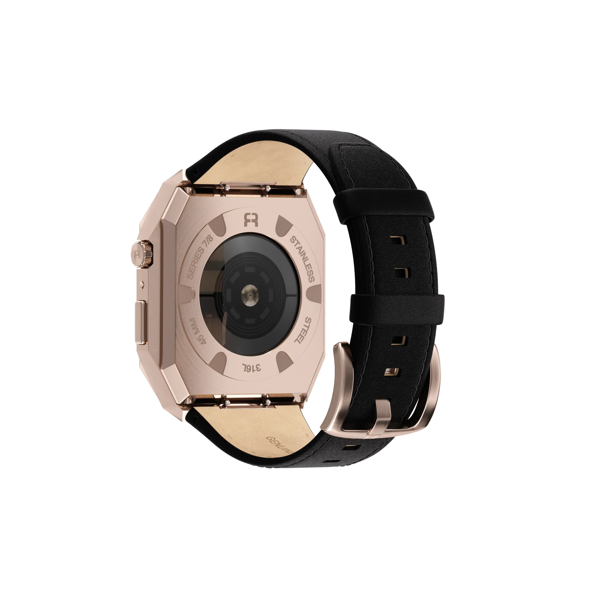 Reqior Funda de metal con correa de cuero Apple Watch 45mm (rosa dorado/negro)