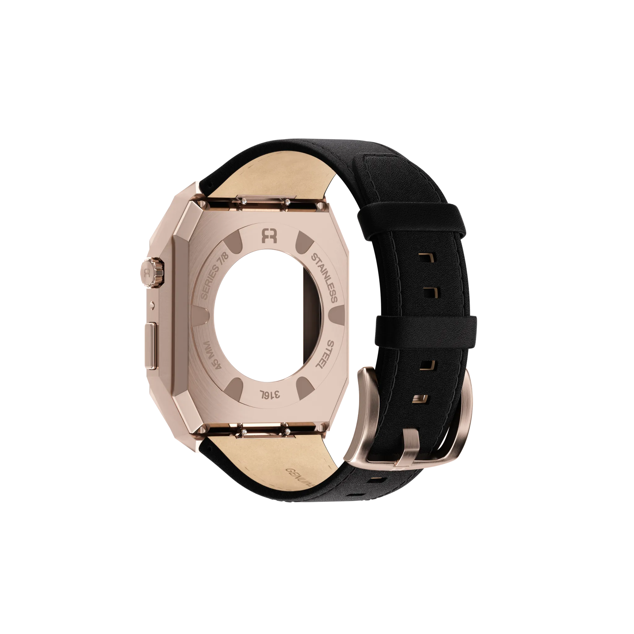 Reqior Funda de metal con correa de cuero Apple Watch 45mm (rosa dorado/negro)