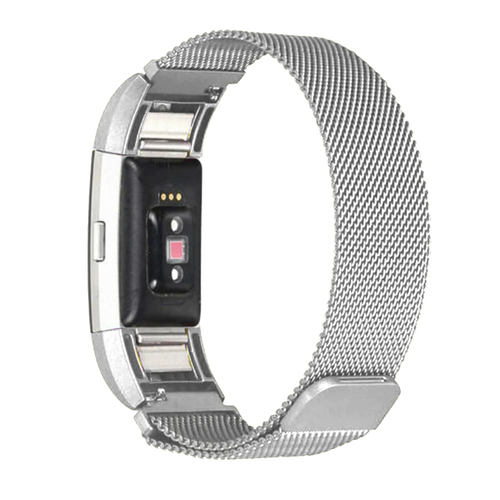 Milanese Strap, silver, on a watch, 3/4 rear view