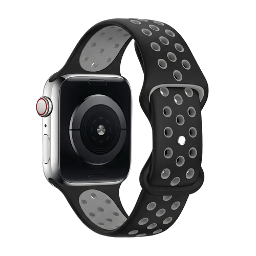 Silicone Sport Strap, black/grey, on a watch, 3/4 rear view