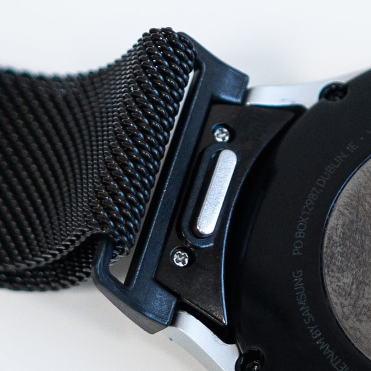 Milanese Strap 'One Push', black, on a watch, 3/4 rear view