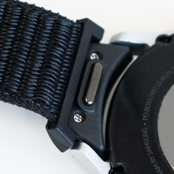 Nylon Strap 'One Push', black, on a watch, 3/4 rear view