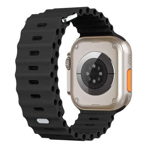 Silicone Ocean Strap with Snap Closure, black, on a watch, 3/4 rear view