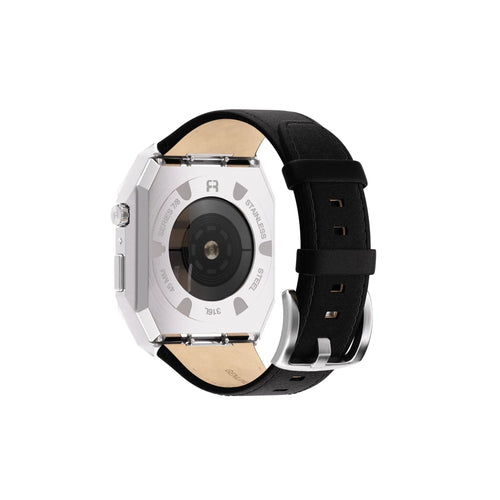 Reqior Funda de metal con correa de cuero Apple Watch 45mm (plateado/negro)