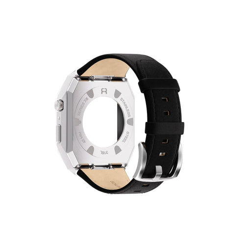 Reqior Funda de metal con correa de cuero Apple Watch 45mm (plateado/negro)