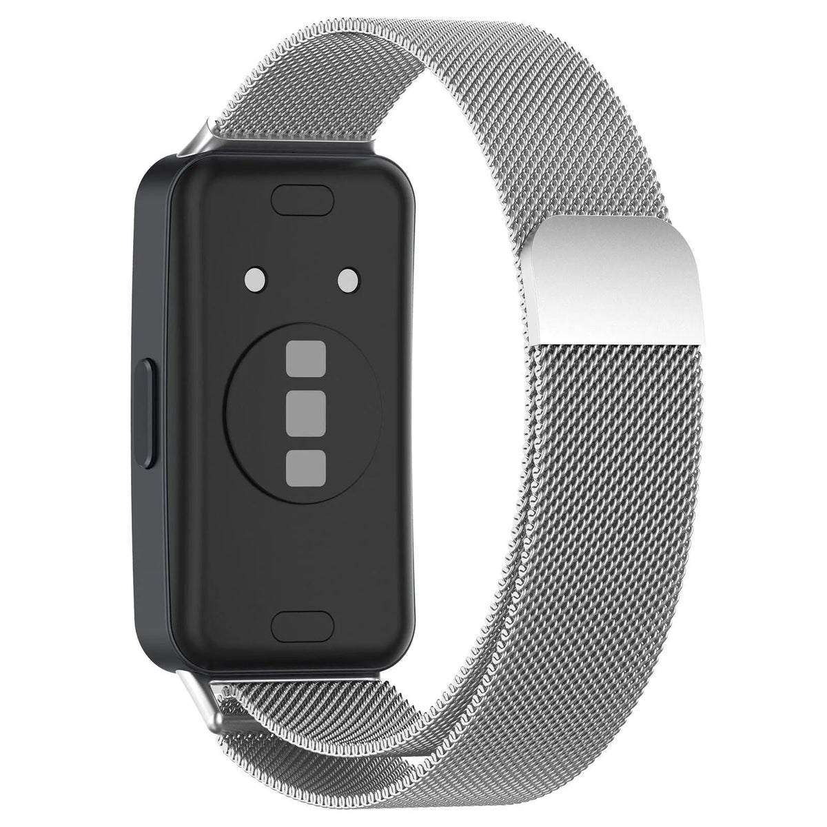 Milanese Strap, silver, on a watch, 3/4 rear view