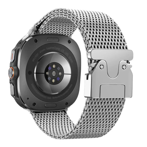 Modern Milanese Strap, titanium, on a watch, 3/4 rear view