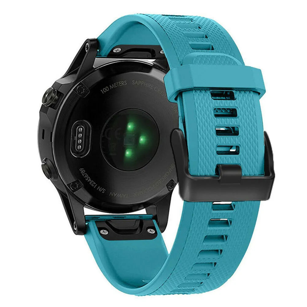 Silicone Strap, light blue, on a watch, 3/4 rear view
