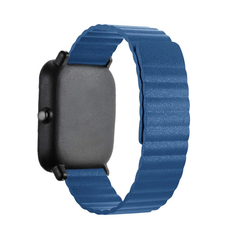 Leather Loop Strap, dark blue, on a watch, 3/4 rear view