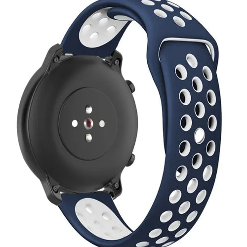 Silicone Sport Strap, blue/white, on a watch, 3/4 rear view
