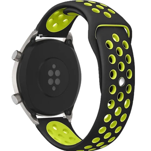 Silicone Sport Strap, black/yellow, on a watch, 3/4 rear view