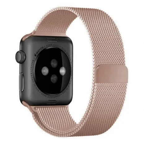 Milanese Strap, rose gold, on a watch, 3/4 rear view