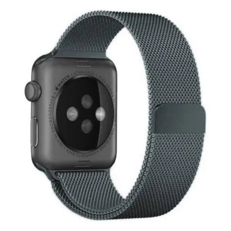 Milanese Strap, space grey, on a watch, 3/4 rear view