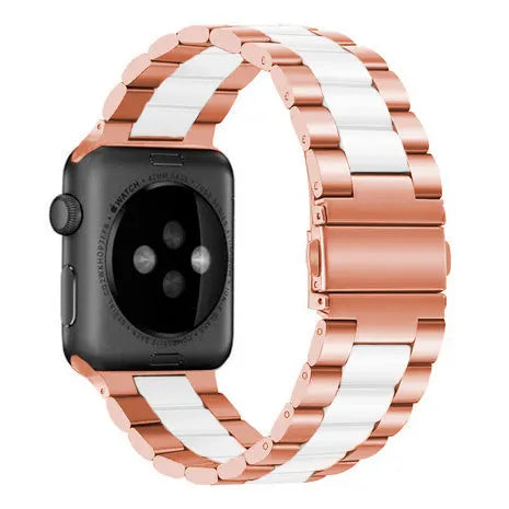 Steel Strap, rose gold/white, on a watch, 3/4 rear view