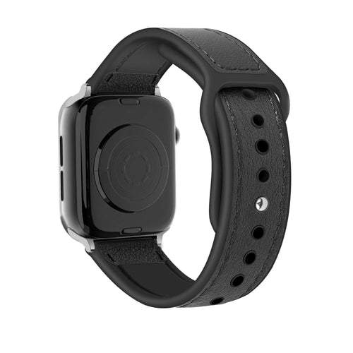Leather Hybrid Strap, black, on a watch, 3/4 rear view