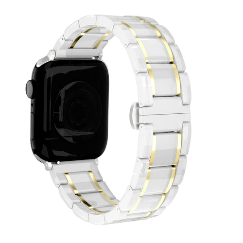 Metal Ceramic Link Strap, white/gold, on a watch, 3/4 rear view