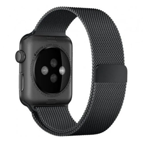 Milanese Strap, black, on a watch, 3/4 rear view