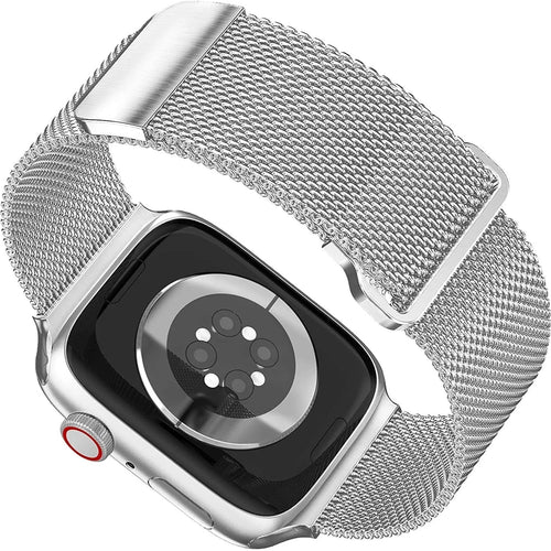 Milanese Strap with Buckle, silver, on a watch, 3/4 rear view
