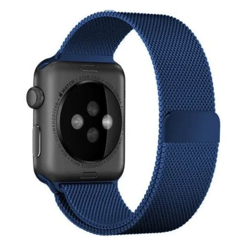 Milanese Strap, blue, on a watch, 3/4 rear view