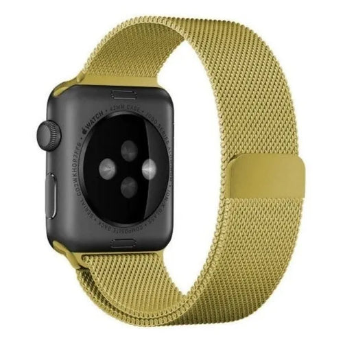 Milanese Strap, gold, on a watch, 3/4 rear view
