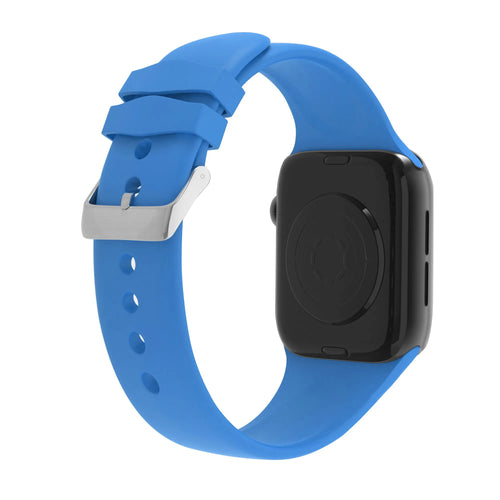 Silicone Strap with Buckle, light blue, on a watch, 3/4 rear view