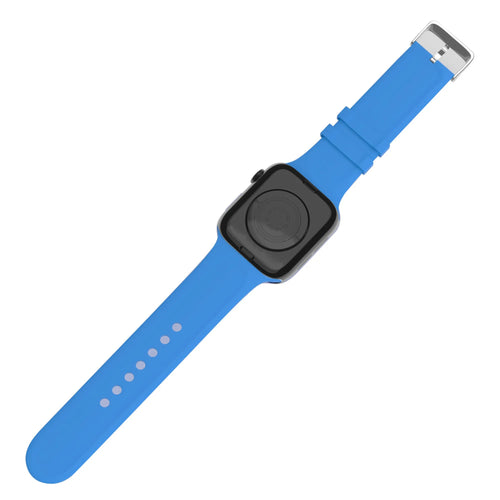 Silicone Strap with Buckle, light blue, on a watch, 3/4 rear view