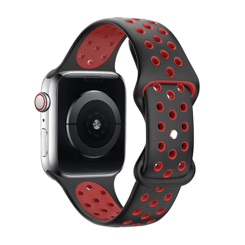 Silicone Sport Strap, black/red, on a watch, 3/4 rear view