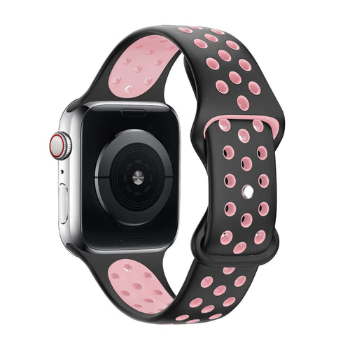 Silicone Sport Strap, black/pink, on a watch, 3/4 rear view