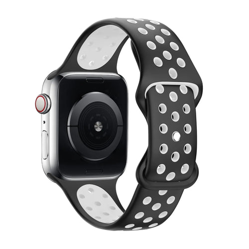 Silicone Sport Strap, black/white, on a watch, 3/4 rear view
