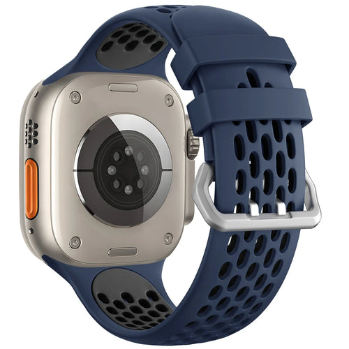 Silicone Buckled Sport Strap, dark blue/black, on a watch, 3/4 rear view