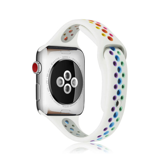 Silicone Sport Strap, white/colourful, on a watch, 3/4 rear view
