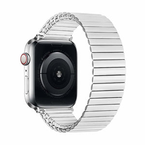Elastic Steel Strap, silver, on a watch, 3/4 rear view