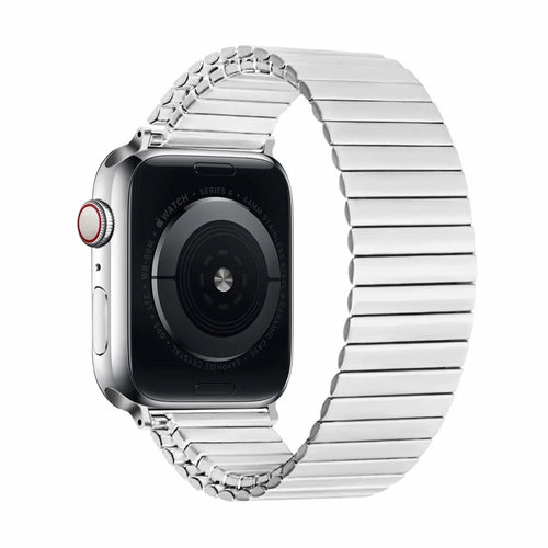 Elastic Steel Strap, silver, on a watch, 3/4 rear view