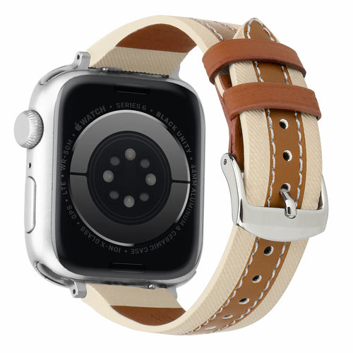 Slim Hybrid Leather Strap, beige/brown, on a watch, 3/4 rear view