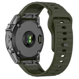 Outdoor Silicone Strap, army green, on a watch, 3/4 rear view