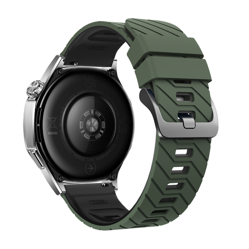 Silicone Twill Sport Strap, army green/black, on a watch, 3/4 rear view