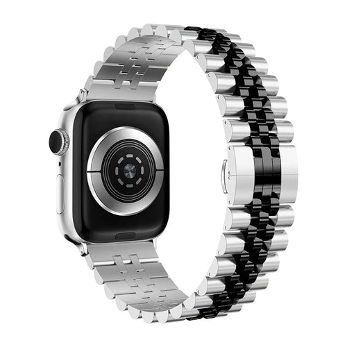 Jubilee Steel Strap, silver/black, on a watch, 3/4 rear view