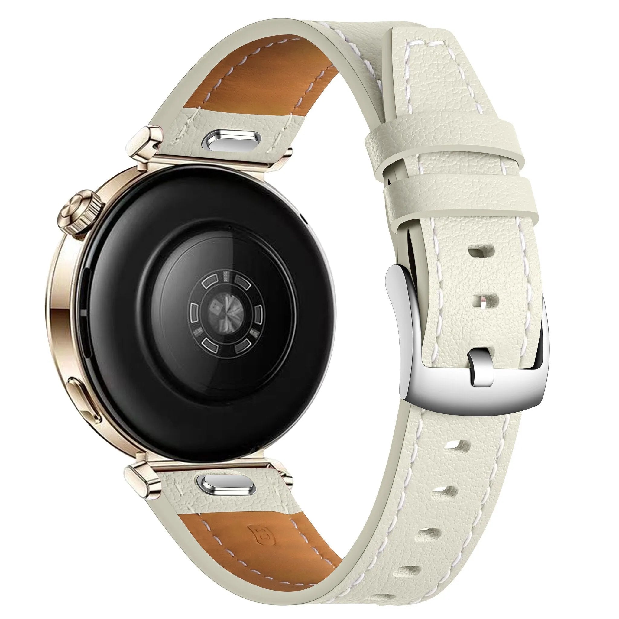 Leather Strap 'One Push', beige, on a watch, 3/4 rear view
