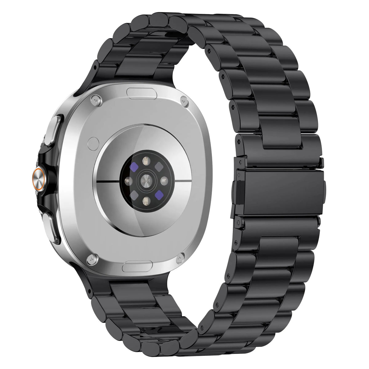 Steel Strap, black, on a watch, 3/4 rear view