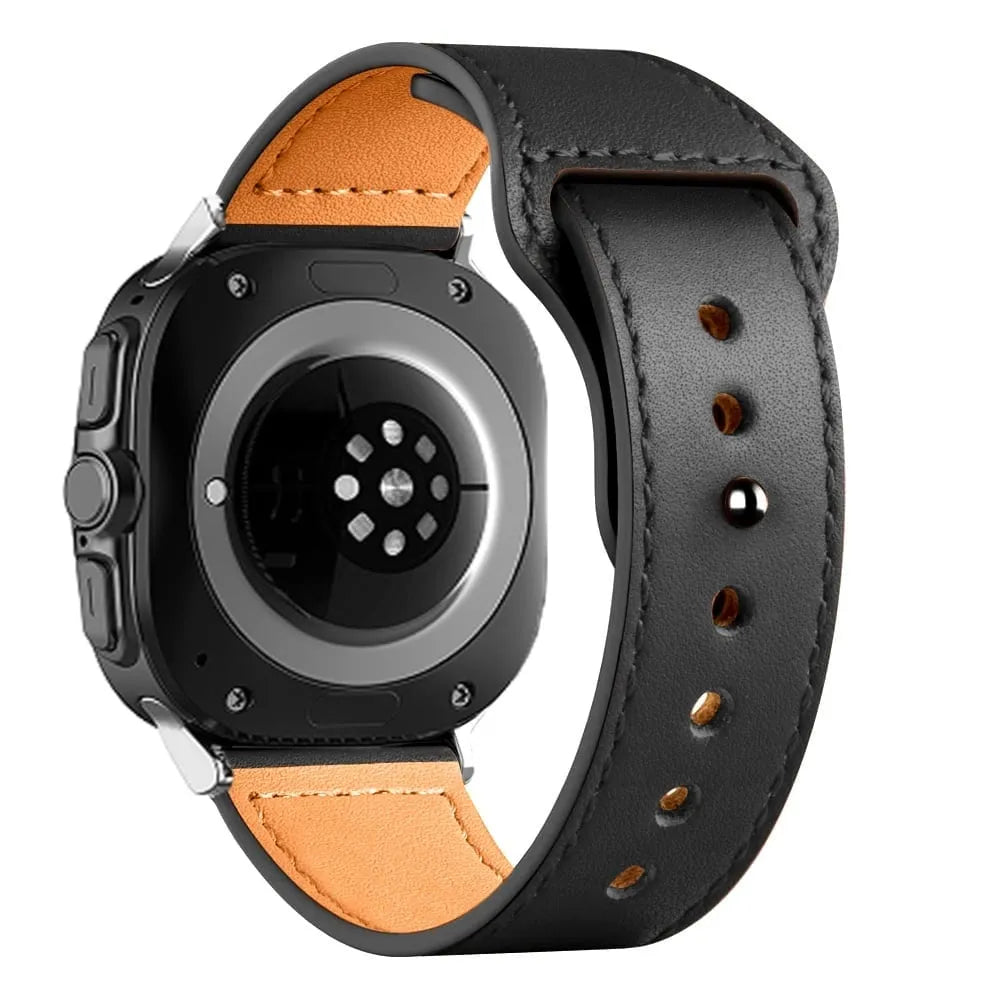 Leather Strap with Snap Closure, black, on a watch, 3/4 rear view