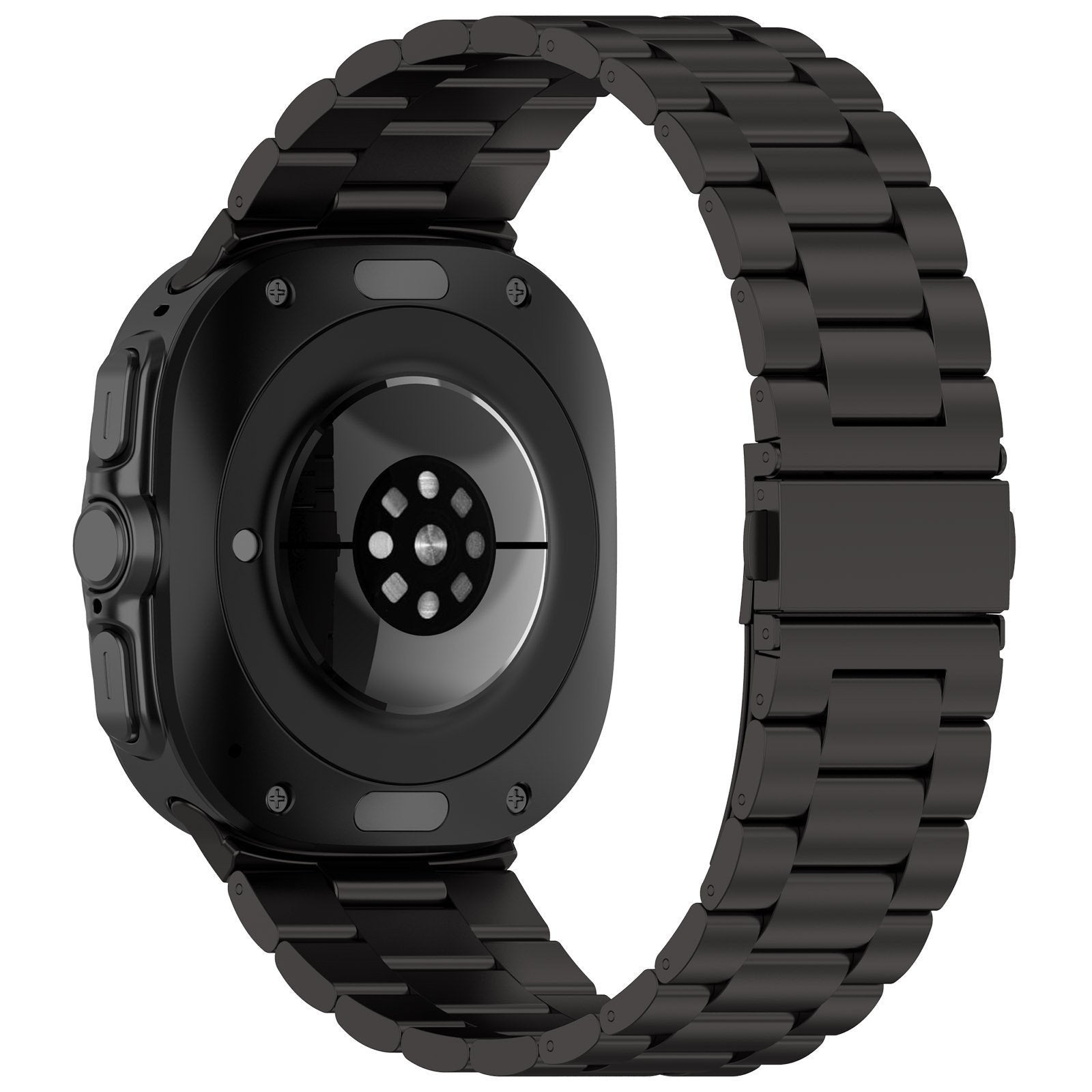 Steel Strap, black, on a watch, 3/4 rear view