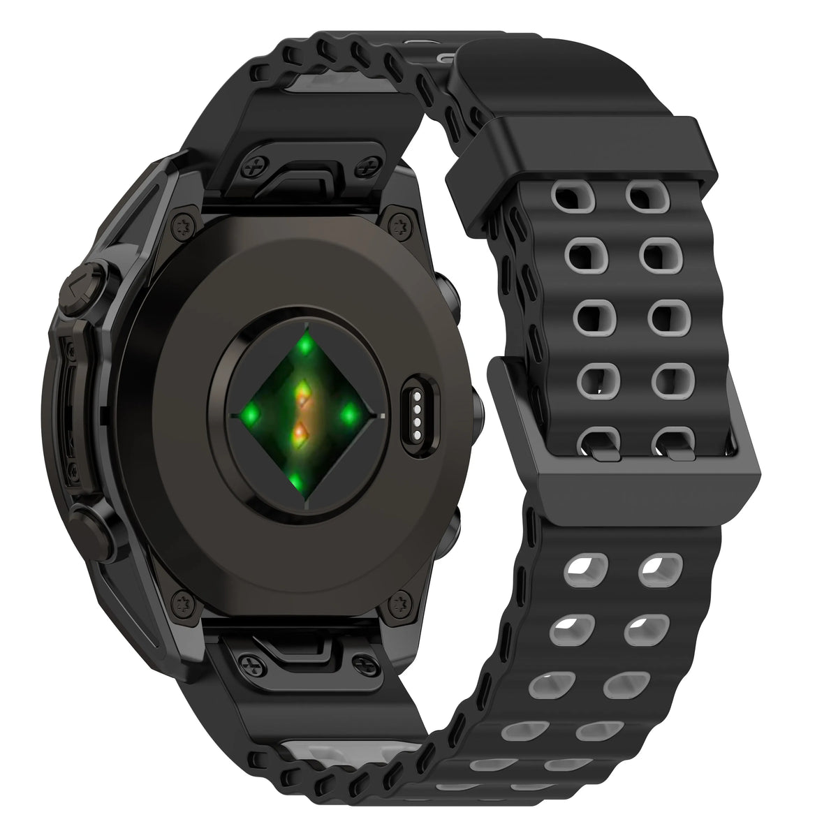 Silicone Wave Sport Strap, black/grey, on a watch, 3/4 rear view