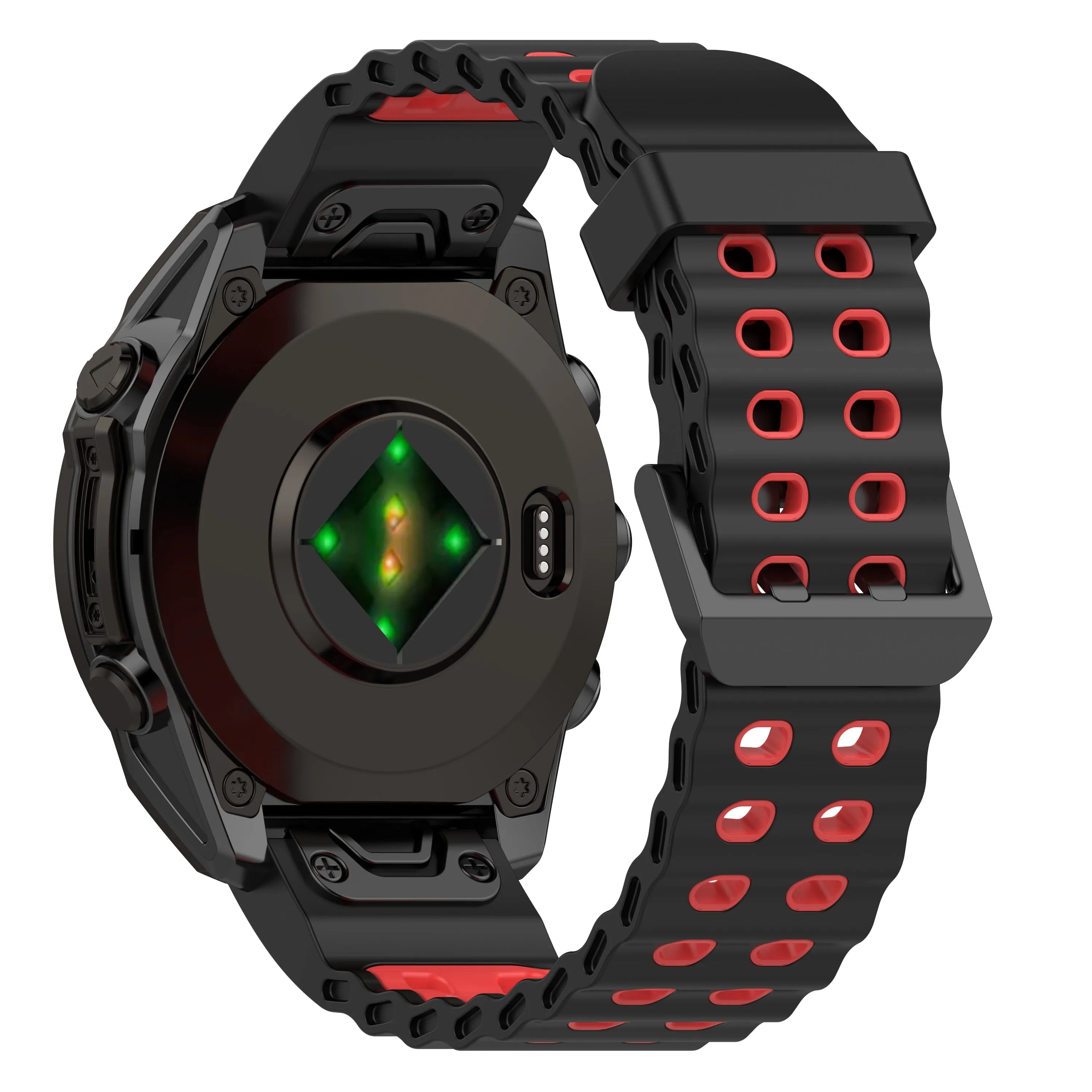 Silicone Wave Sport Strap, black/red, on a watch, 3/4 rear view