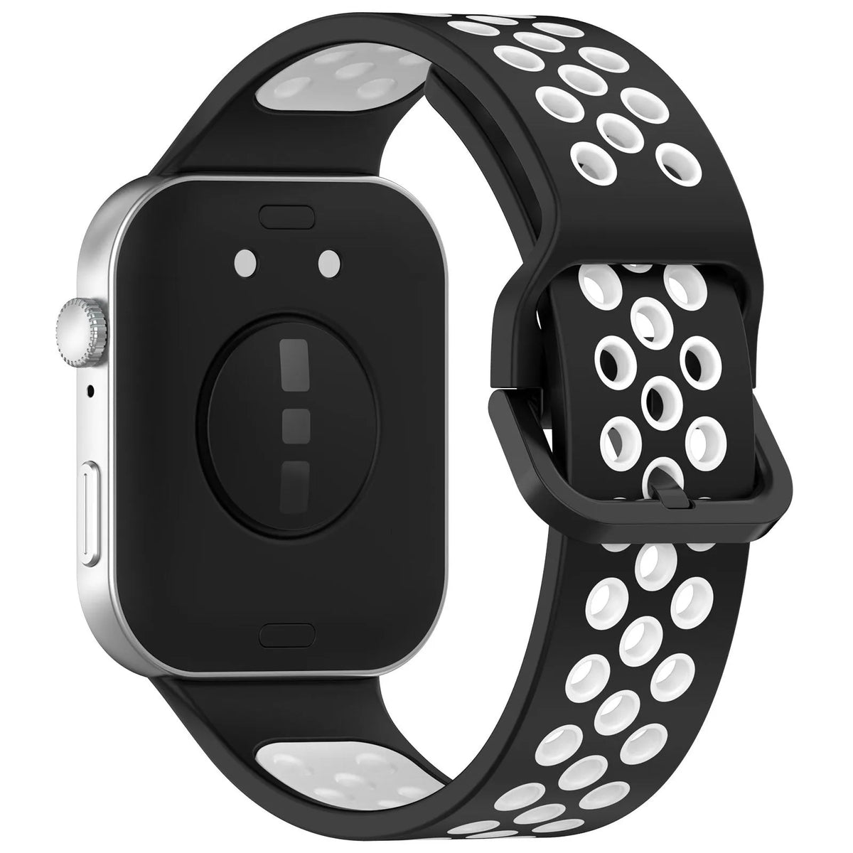 Silicone Sport Strap, black/white, on a watch, 3/4 rear view